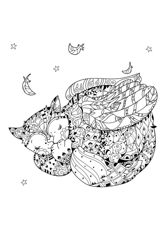 Curled sleeping fox filled with intricate swirls beneath moons and stars on a coloring page