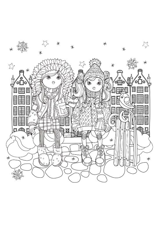 Two girls in winter clothes with a sled before tall townhouses on a coloring page