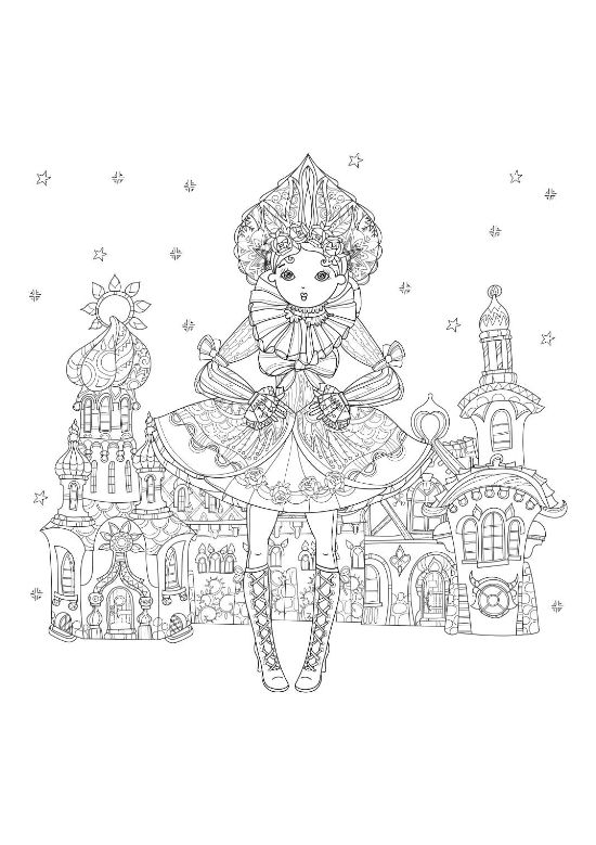 Girl in a fancy dress and crown seated among ornate fairytale houses on a coloring sheet