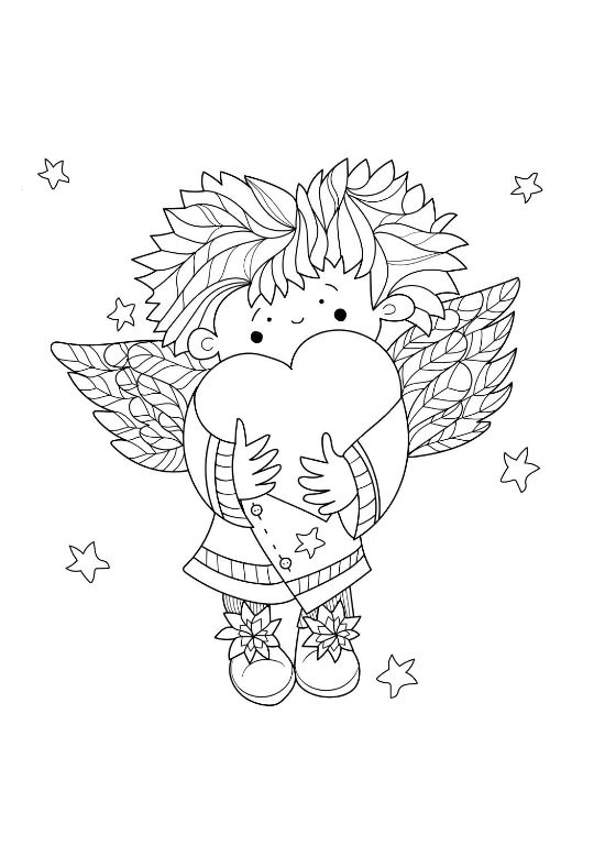Little angel with feathered wings hugging a large heart among stars on a coloring page