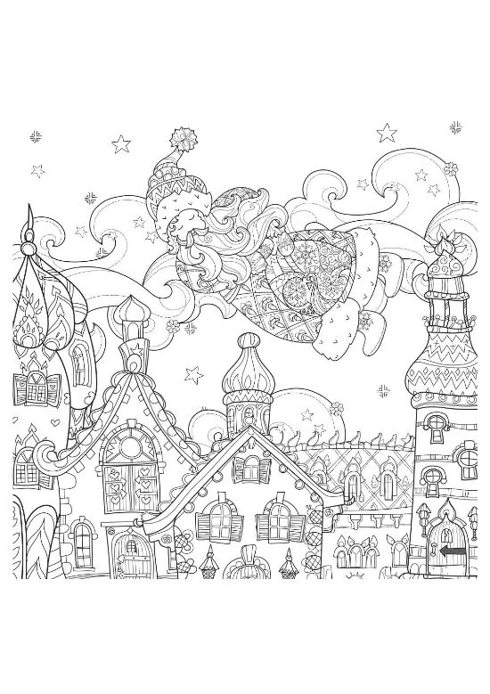 Santa flying with swirling clouds above a town of domed houses on a coloring sheet