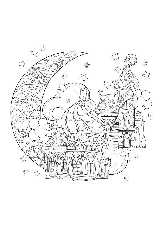 Crescent moon filled with swirls cradling domed fairytale houses among stars on a coloring page
