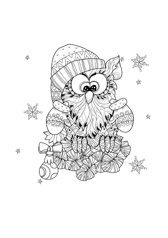 Owl in a Santa hat with mittens and baubles full of fine detail on a coloring sheet