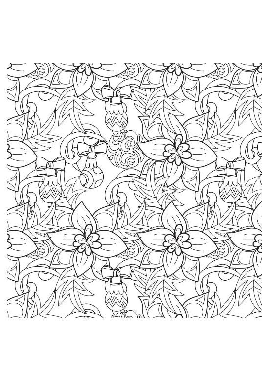 Repeating poinsettia flowers leaves and ornaments in a seamless festive pattern on a coloring sheet