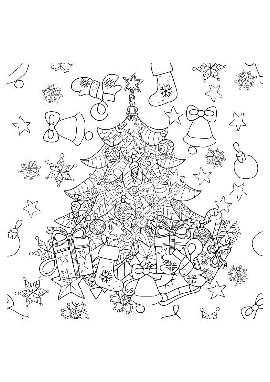Decorated Christmas tree with gifts bells and ornaments among stars on a coloring page