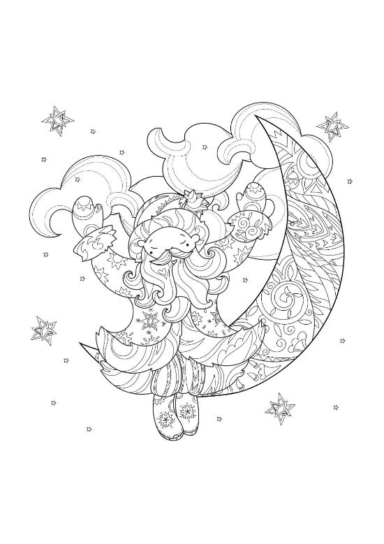 Cheerful girl with flowing hair sitting on a decorated crescent moon among stars on a coloring page