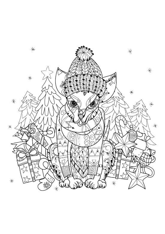 Cat in a knit hat sitting among pine trees gifts and ornaments on a coloring sheet