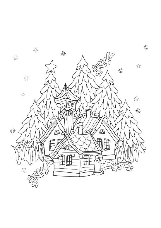 Charming cottage tucked among tall pine trees with a bright star on a coloring page