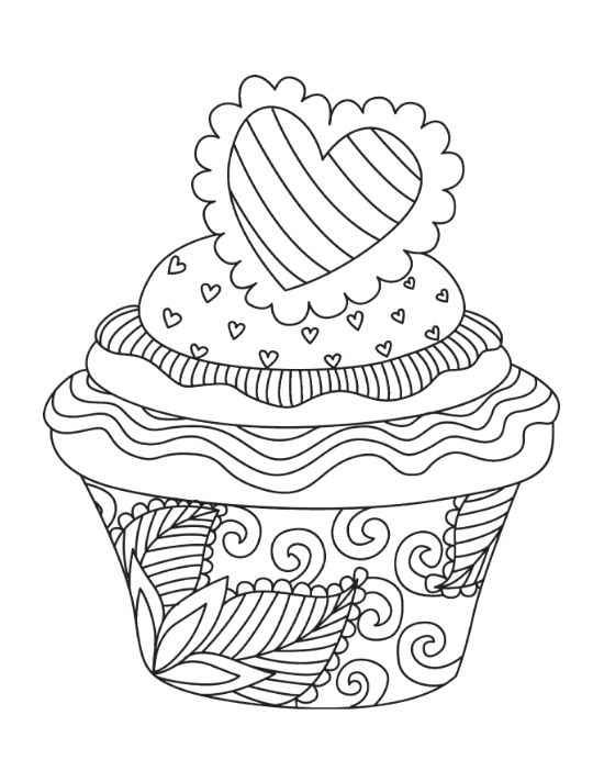Cupcake crowned with a striped heart above leafy swirled wrapper details on a coloring page