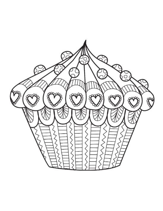 Heart and bead topped party cupcake with striped tent shaped wrapper on a coloring page