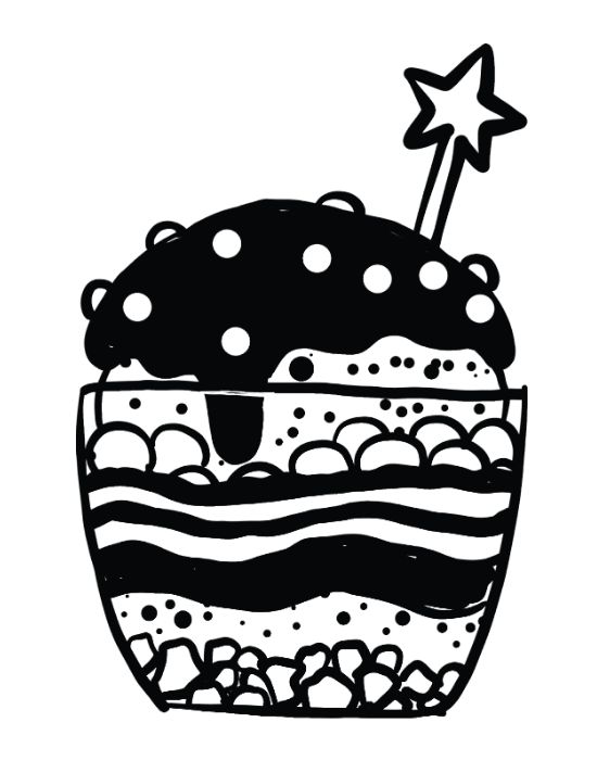 Star wand topped parfait in a glass with layered scoops and pebbles drawn bold and easy