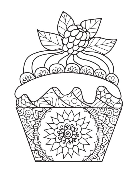 Intricate cupcake with raspberry and leaves on top coloring page