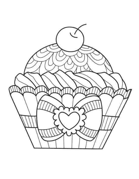 Cupcake topped with a cherry and a striped bow across the wrapper on a coloring page