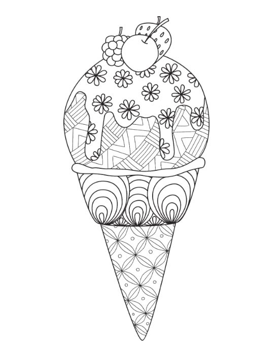 Ice cream scoop covered in daisies with a cherry topper above a patterned waffle cone on a coloring sheet