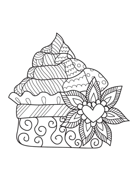 Cupcake with curled striped frosting beside a leafy heart bouquet on a coloring page