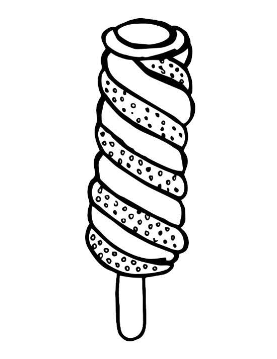 Spiral twisted popsicle on a wooden stick with sprinkle dotted bands drawn bold and easy