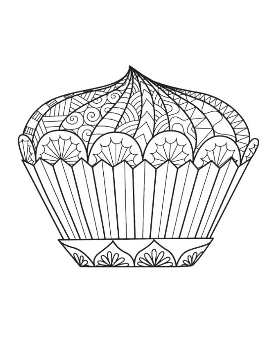 Cupcake with a curled feathered top and shell scalloped wrapper on a coloring page