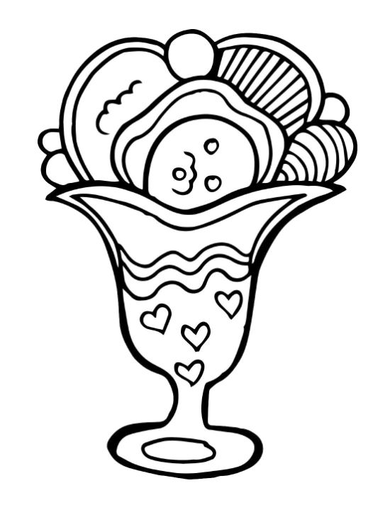 Round ice cream sundae stacked in a footed glass with floating hearts on a coloring sheet