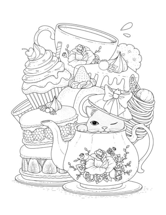 Cat sitting inside a rose patterned teapot beside a stack of macarons and cupcakes on a coloring sheet