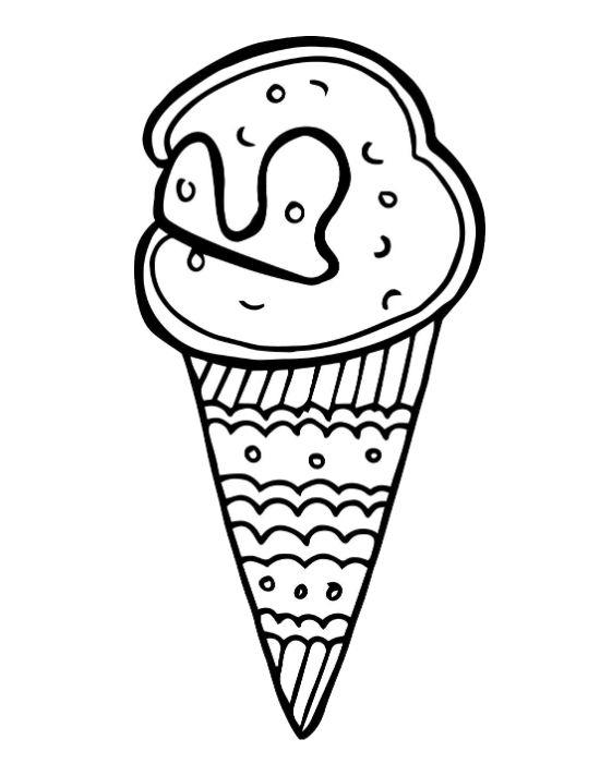 Tall ice cream scoop with melt drips above a patterned waffle cone on a coloring page