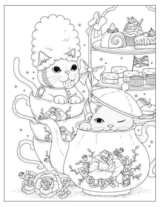 Two cats peeking from a teacup and teapot beside a tiered dessert stand with roses on a coloring sheet