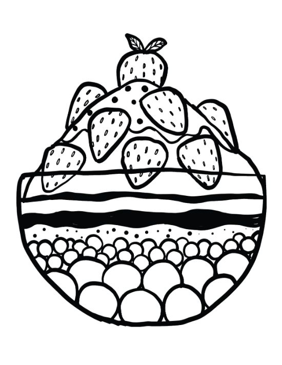 Strawberry topped shortcake with bold black accents and pearl base drawn bold and easy