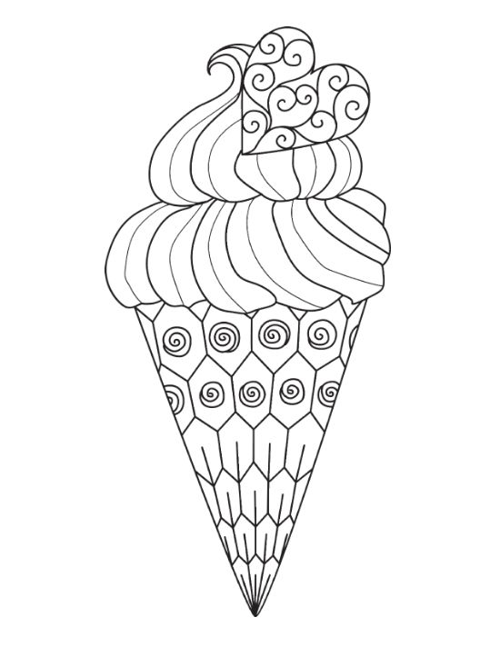 Soft serve swirl rising above a cone covered in spirals and honeycomb shapes on a coloring page