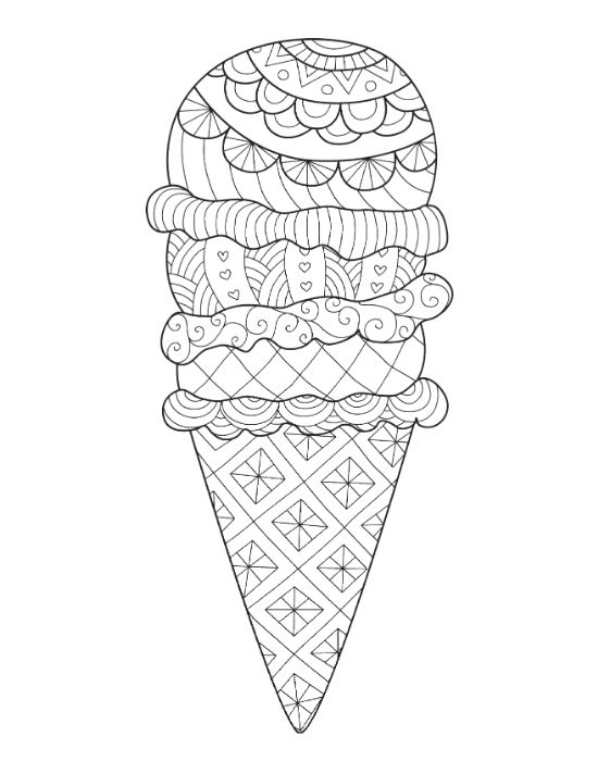 Stacked ice cream scoops layered above a diamond patterned waffle cone forming a mandala