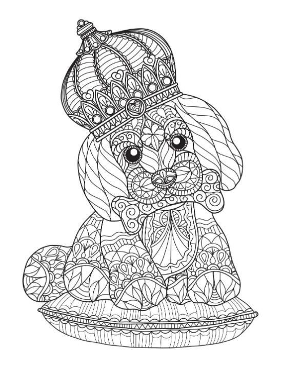 A decorative puppy wearing a royal crown and sitting on a pillow, coloring page.