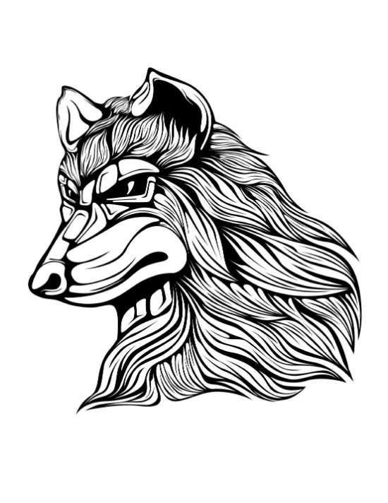 Wolf head with flowing fur details in a stylized tattoo art coloring page.