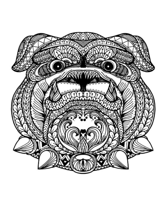 Intricate bulldog head with ornate patterns fills this detailed mandala coloring page.