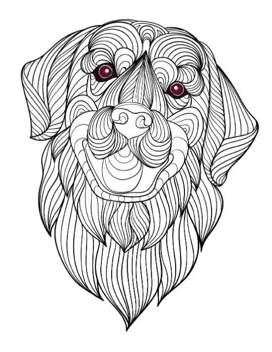 Dog's head with abstract line art fur and contrasting dark red eyes coloring page.