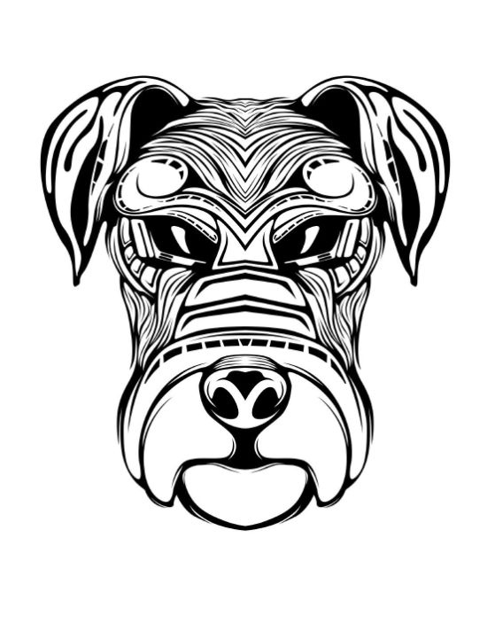 Stylized tribal bulldog head with intricate patterns, a bold and easy coloring page.
