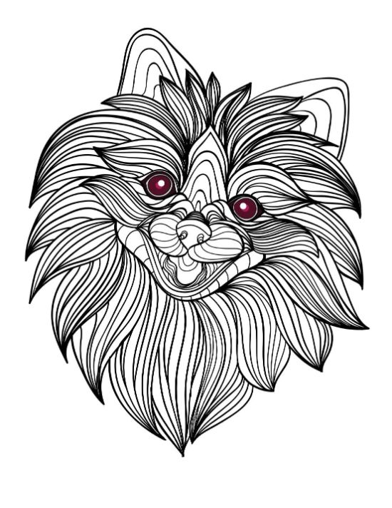 Stylized fluffy dog head with thick lines and circular red eyes coloring page