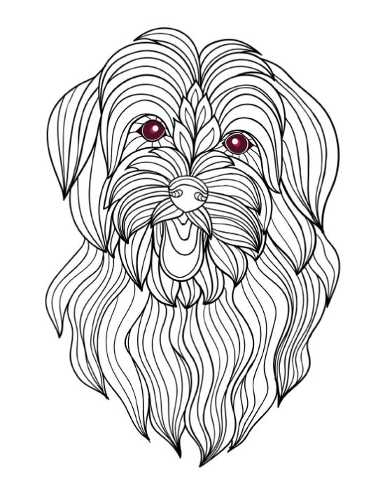 Cute puppy with intricate hair texture and deep maroon eyes coloring page.
