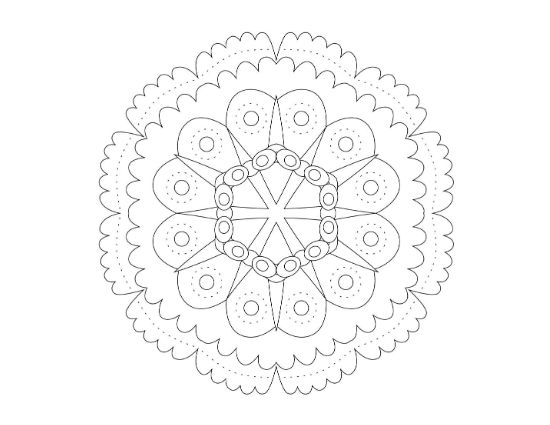 Scalloped circle ringed with peaked petals around a central heart bloom on a coloring page