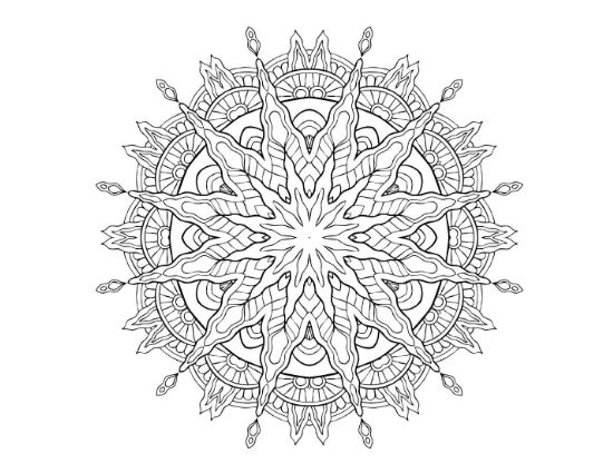 Spiked sun with curling fern accents and central flames forming a mandala