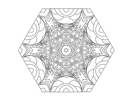 Hexagonal frame containing a star burst with concentric circles forming a mandala