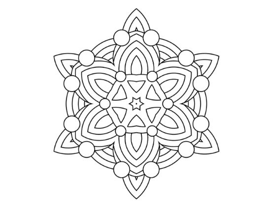 Six pointed star ringed by circles with crossed inner petals on a coloring sheet