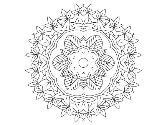 Round floral mandala framed by a thick wreath of pointed leaves on a coloring page