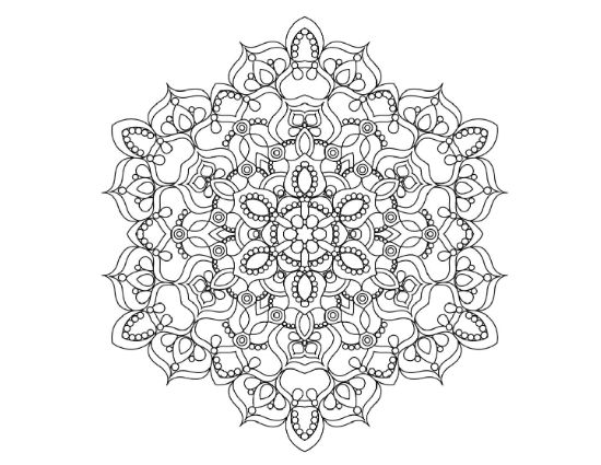 Round floral mandala with cascading leaf shapes and a dotted center on a coloring sheet