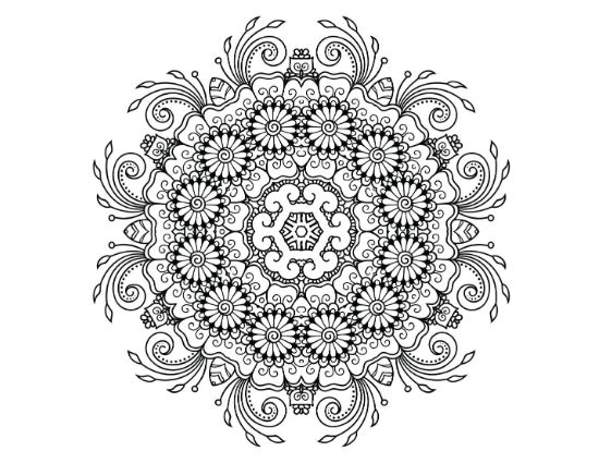 Intricate floral mandala with a central geometric pattern and swirling leaves