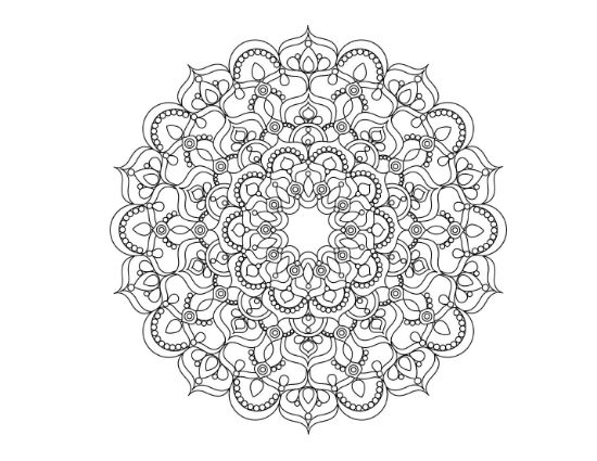 Round mandala built from heart shaped paisley swirls and stacked rings on a coloring sheet