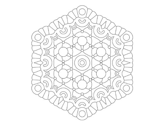 Hexagonal mandala formed from rings of circles loops and lined edges on a mandala