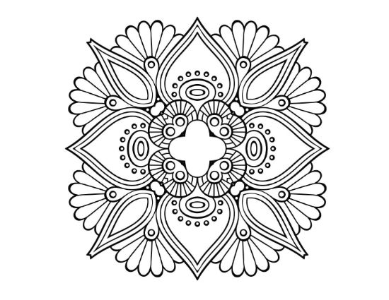 Round flower medallion with feathered petals and a beaded rope border drawn bold and easy