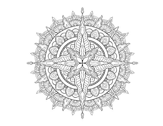 Compass style mandala with crossed arms and ornate radiating petals on a coloring page