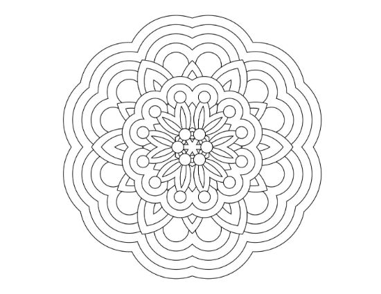 Round flower medallion with stacked star petals and a beaded heart on a coloring page