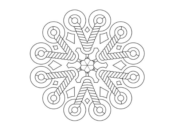 Snowflake formed from rope twists and geometric loops with diamond accents on a coloring sheet