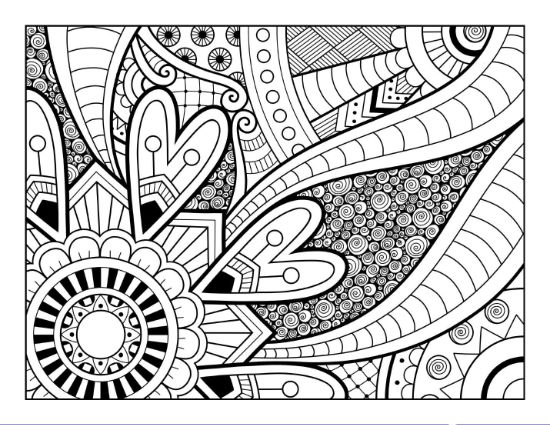 Intricate floral and heart patterns with swirling designs create a complex coloring page.