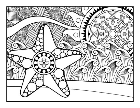 Intricate starfish with decorative patterns and ocean waves, adult coloring page.